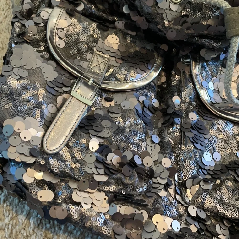 Sequin Drawstring Backpack - Black and Silver